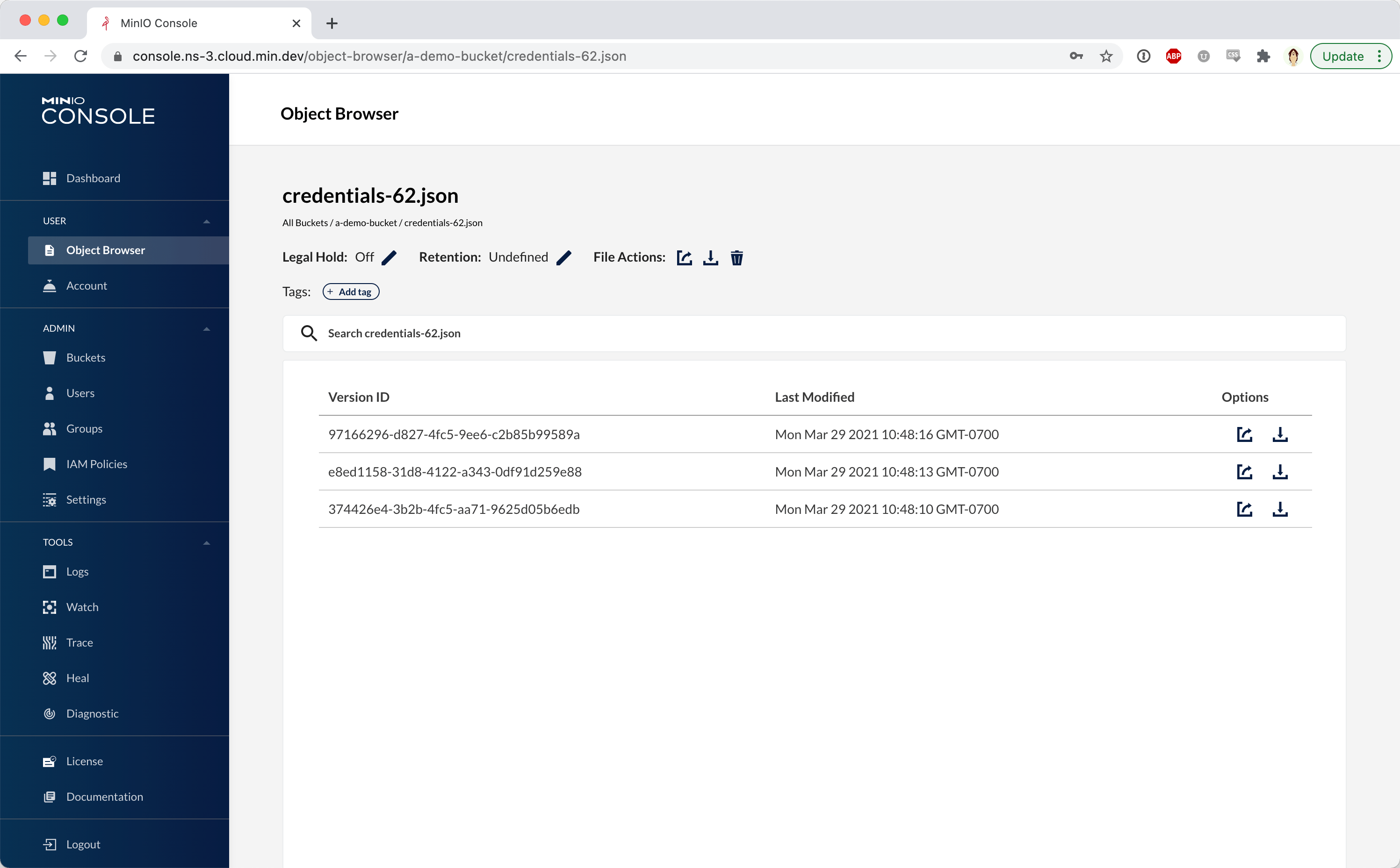 MinIO Data Management Interfaces - MinIO Console